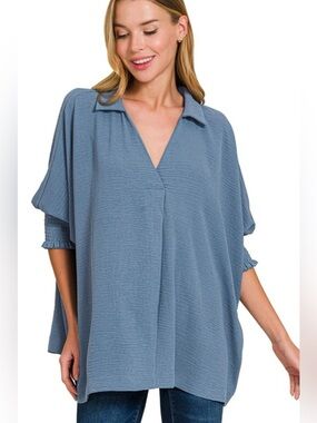 Zenana Airflow Collar Tee with Smocked Sleeve Band Top